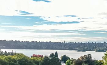 a view of a lake with trees and a city in the background at The Loop at Green Lake, Seattle, 98115